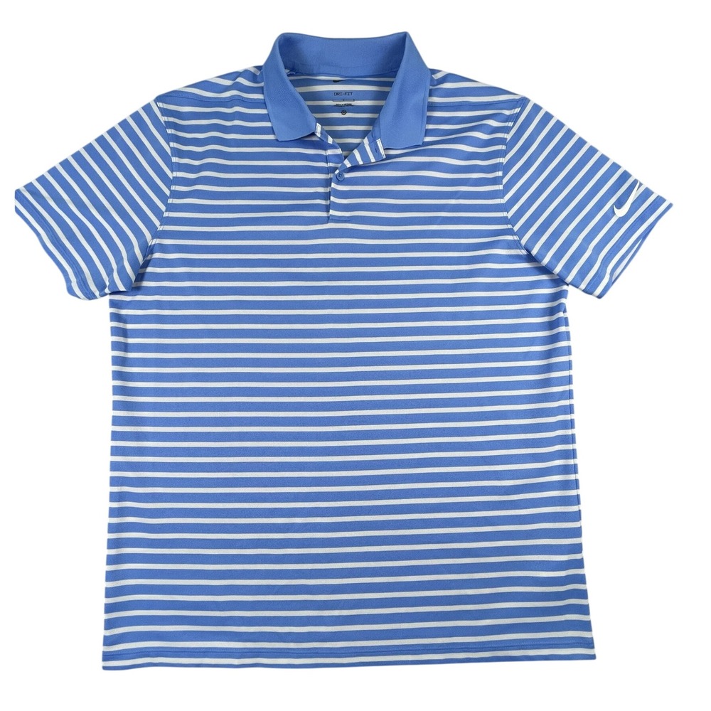Nike Polo Shirt Mens Large Blue Striped Dri-FIT Short Sleeve Golf Athletic